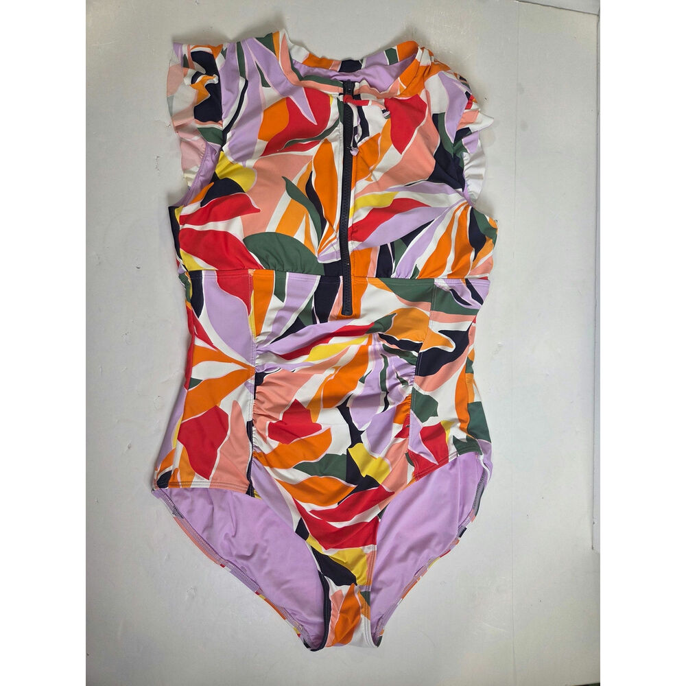 Women's Mod Tropical Flutter Sleeve Zip Up Rash Guard One Piece Swimsuit Size 12